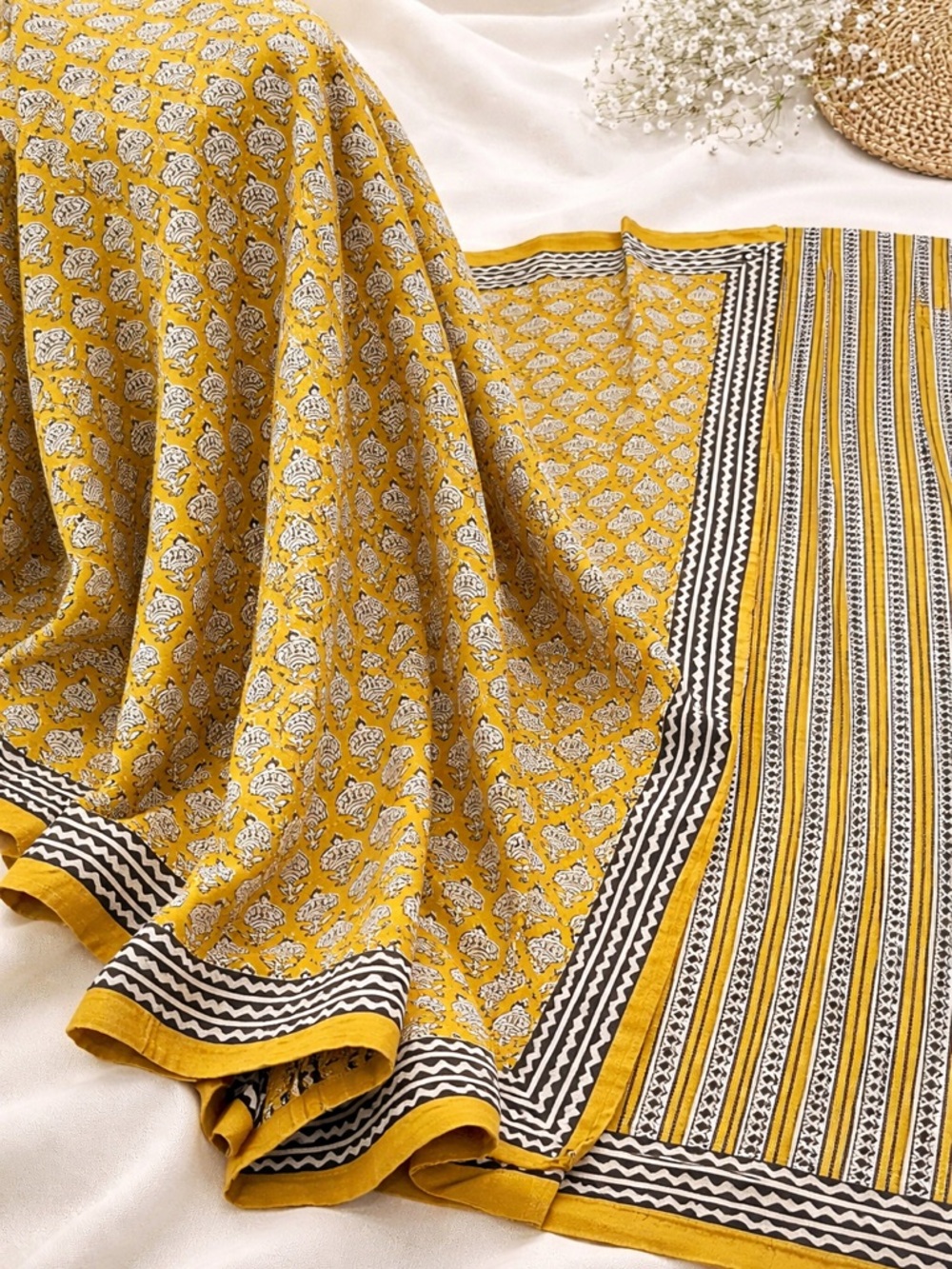 Mustard Yellow Block Print Cotton Saree w/ Blouse | Lightweight Indian Saree |